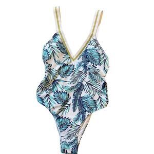 Y2K XOXO One Piece Swimsuit Women S White Green Leafy Beach Vacation Hawaii